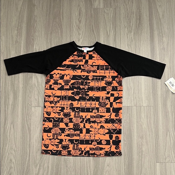 LuLaRoe Kids Orange and Black Graphic Long Sleeve Tee size 14 - Picture 2 of 5
